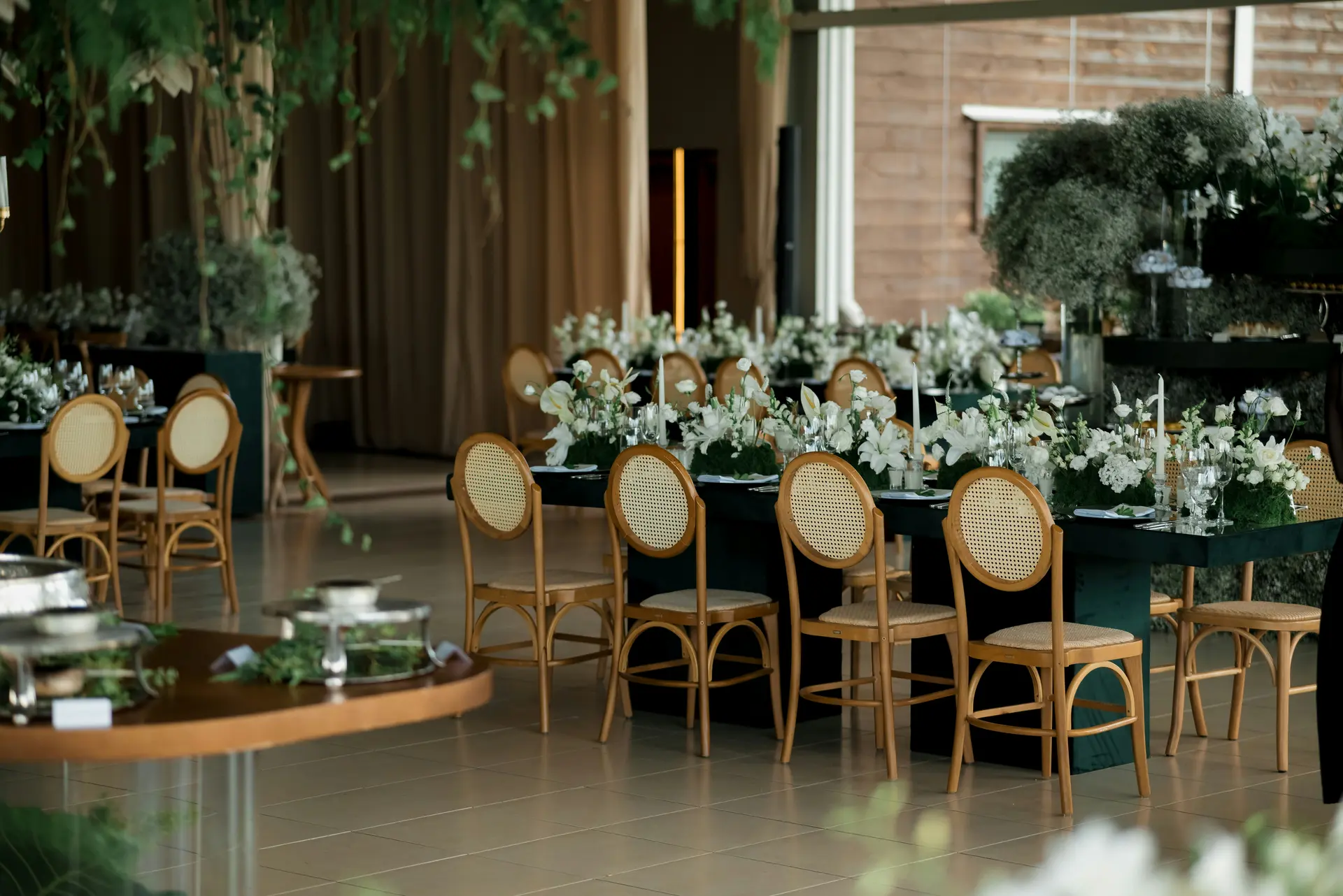 Wedding reception lounge setup with modern seating and decor